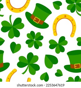 Clover vector seamless pattern, Saint Patricks Days, shamrock leaf, green plant background. Nature ireland illustration