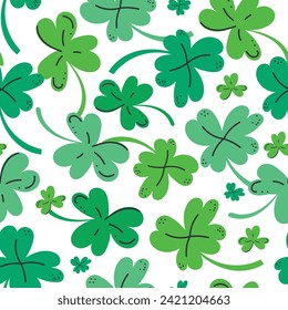 Clover vector seamless pattern, shamrock leaf, green plant background for Saint Patricks Day. Nature ireland illustration. Cartoon groovy line doodle modern style