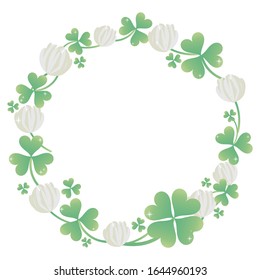 Clover and white clover frame. Four leaf clover at bottom center (frame, white background)