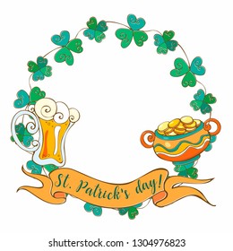 Clover wreath frame with beer and coins for Patrick's day. Vector. 