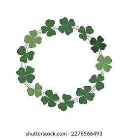 Clover wreath. Round frame of hand drawn clover leaves. St. Patrick day background. Vector flat illustration