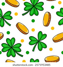 Cloverleaf with coins seamless pattern for St. Patrick day.