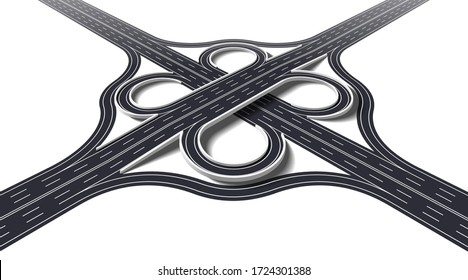 Cloverleaf interchange two level perspective. 3D four way interchange with loop ramps, underpass and overpass. Detailed interchange isolated on white background. Vector Illustration