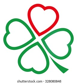 Cloverleaf made of one red heart and three green hearts. Illustration over white background.