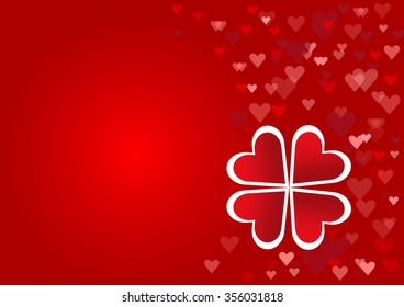 Cloverleaf made from red hearts with white borders is surrounded by a number of red hearts in the right edge of the vector. All is on a red background.
