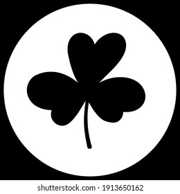 Cloverleaf on a black and white background. Silhouette of the magical plant. Decoration for St. Patrick's Day, trefoil, Shamrock. Hand drawn. Irish story. Isolated. Vector illustration.