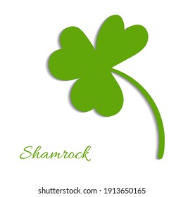 Cloverleaf on a green background. Silhouette of the magical plant. Decoration for St. Patrick's Day, trefoil, Shamrock. Hand drawn. Shadow can be removed. Irish story. Isolated. Vector illustration.