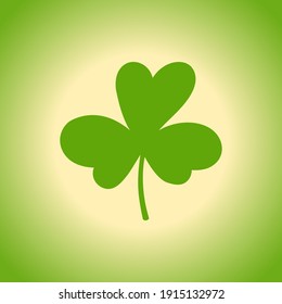 Cloverleaf on a green background. Silhouette of the magical plant. Decoration for St. Patrick's Day, trefoil, Shamrock. Hand drawn. Irish story. Isolated. Vector illustration.