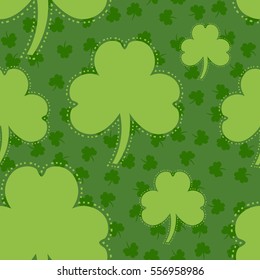 Cloverleaf Shamrock Green and Lime Seamless Saint Patricks Day Pattern Background. Pattern Texture for Wallpapers, Fills, Web Page, Wrapping Paper, etc. Vector Illustration for Holiday Design.