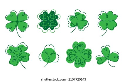 Cloverleaf vector icons set. The sign of fortune and luck for irish st patricks day celebration. One continuous line art drawing of cloverleaf symbol.