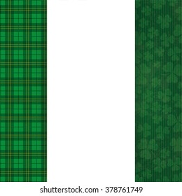 Cloverleafs and tartan background for St. Patrick's Day with banner and emblem. Eps 10 vector file.