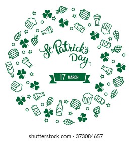 Clovers, beer and original lettering St. Patricks Day isolated on a white background.  Illustration for St. Patrick's day  posters, greeting cards, print and web projects.