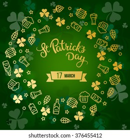 Clovers, beer and original lettering St. Patrick's Day on a green background.  Illustration for St. Patrick's day  posters, greeting cards, print and web projects.