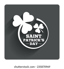 Clovers in circle with three leaves sign icon. Saint Patrick trefoil shamrock symbol. Gray flat square button with shadow. Modern UI website navigation. Vector