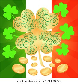 Clovers and coins background for Happy St. Patrick's Day - holiday's concept