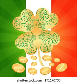 Clovers and coins background for Happy St. Patrick's Day - holiday's concept