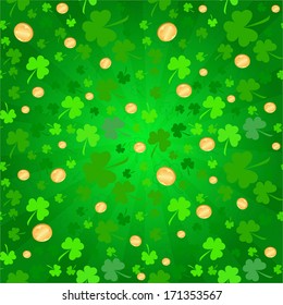 Clovers and coins background for Happy St. Patrick's Day - holiday's concept