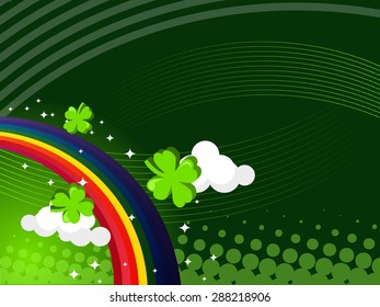 Clovers floating with rainbow vector background illustration.