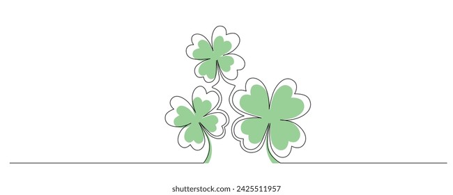 Clovers flower banner for Saint Patrick day - good lucky symbol, single line. Vector stock minimalism illustration isolated on white background for design template invitation frame. Editable stroke.