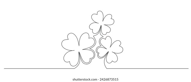 Clovers flower banner for Saint Patrick day - good lucky symbol, single line. Vector stock minimalism illustration isolated on white background for design template invitation. Editable stroke. EPS10
