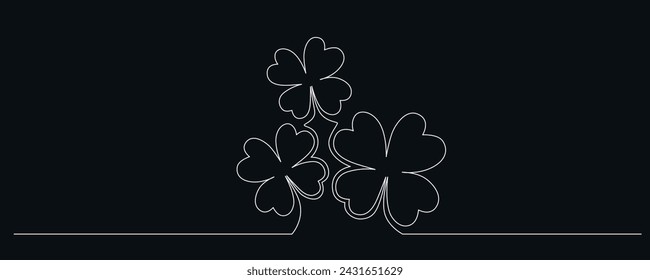 Clovers flower banner for Saint Patrick day - good lucky symbol, single line. Vector stock minimalism illustration isolated on black background for design template invitation frame. Editable stroke.