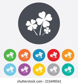 Clovers with four leaves sign icon. Saint Patrick symbol. Round colourful 11 buttons. Vector