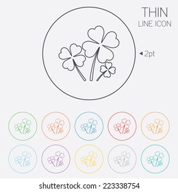 Clovers with four leaves sign icon. Saint Patrick symbol. Thin line circle web icons with outline. Vector