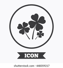 Clovers with four leaves sign icon. Saint Patrick symbol. Graphic design element. Flat symbol in circle button. Vector