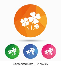 Clovers with four leaves sign icon. Saint Patrick symbol. Triangular low poly button with flat icon. Vector