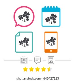 Clovers with four leaves sign icon. Saint Patrick symbol. Calendar, chat speech bubble and report linear icons. Star vote ranking. Vector