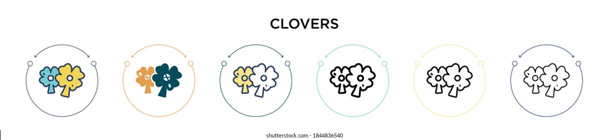Clovers icon in filled, thin line, outline and stroke style. Vector illustration of two colored and black clovers vector icons designs can be used for mobile, ui, web