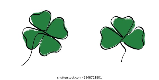 Clovers leave, flower. Three, four leaf clover leaves. Love lucky day. Irish shamrock background. Happy St Patrick's Day or St paddy's day. Saint Patricks day. Drawing spring time. leprechauns.