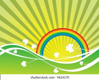 Clovers with Raibow and Green Abstract Background