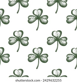 Clovers Saint Patrick's day seamless pattern engraved shamrock sketch repeating background hand drawn vector illustration design for St. Patrick's Irish festival for flyer card paper textile wrapping