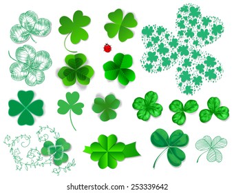 Clovers set. Collection of various type of clovers - realistic, paper and hand - drawn. Elements for St. Patrick day design on white background.