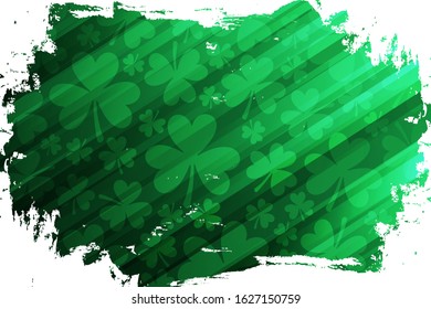 Clovers or shamrocks green brush stroke background for Saint Patrick's Day greetings, Irish national holiday. Vector illustration.