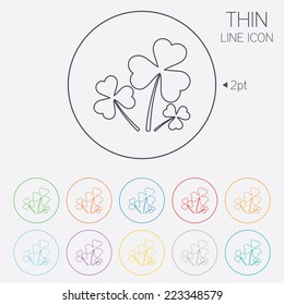 Clovers with three leaves sign icon. Saint Patrick trefoil shamrock symbol. Thin line circle web icons with outline. Vector