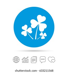 Clovers with three leaves sign icon. Saint Patrick trefoil shamrock symbol. Copy files, chat speech bubble and chart web icons. Vector