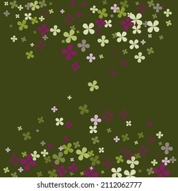 Clovers Vibrant Fourtune Nature Vivid Splatter. Bright Green Saint Patrick Purple Floral Background. Pastel Summer Simple Holidays Illustration. Greenery Lucky Dark Flowers Spring Wallpaper.