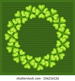 Clovers wreath composition on green background.  St. Patrick's Day's, Irish holiday symbol. Vector. 