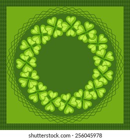Clovers wreath on fresh green chessboard pattern background.  St. Patrick's Day's, Irish holiday symbol. Vector.