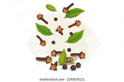 Cloves and Black pepper spices vector illustration with green leaves 