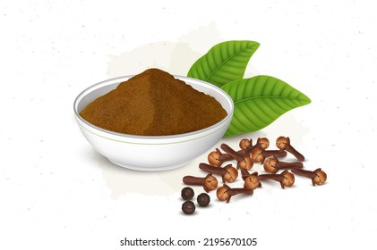 Cloves Powder with dried clove spices and black pepper vector illustration