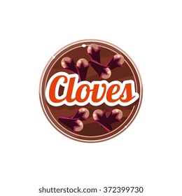 Cloves Spice. Decorative Vector Illustration. Stickers with wooden texture and names of spices