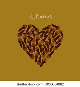 Cloves spice in a heart shape on the yellow background. Isolated vector illustration