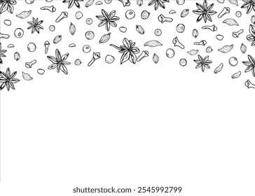 Cloves, star anises, cardamom, peppers and berries vector horizontal border. Winter aromatic spices line art black ink sketch for the design of invitation, cards, advertising posters. Copy space.