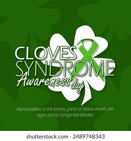 Cloves Syndrome Awareness Day event health banner. Green campaign ribbon with clover leaves and bold text on dark green background to commemorate on August 3rd