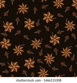 Cloves and vanilla. Fragrant spices. Vector illustration. Seamless pattern background