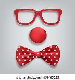 Clown accessories isolated on gray background. Vector clown glasses, nose and bow tie polka dot.