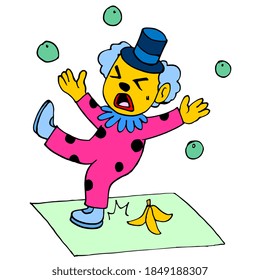 Der Clown spielte mit dem Jonglieren des Balls und rutschte eine Bananenschale aus. Cartoon-Illustrationsaufkleber Maskottchen Emoticon